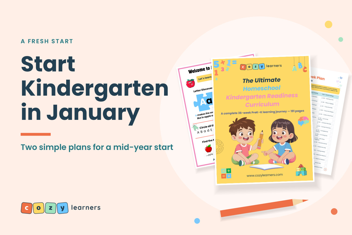 Pages from the Kindergarten Readiness Curriculum: its cover, the 36-week plan and the first week's letter page